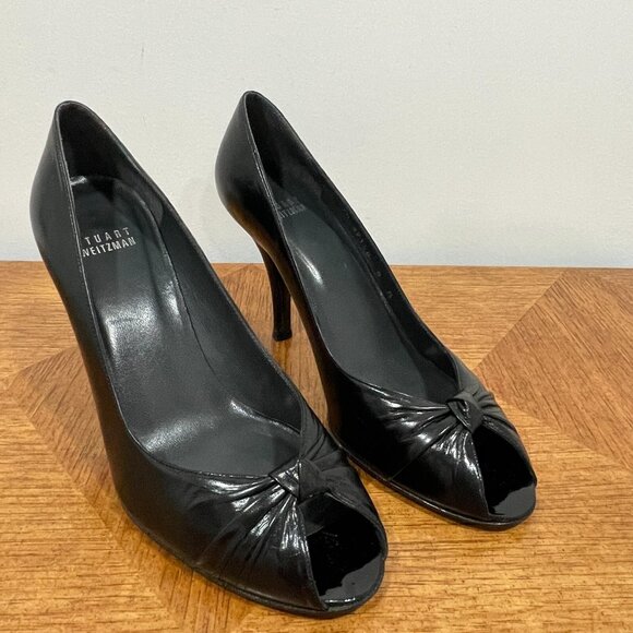 Stuart Weitzman Rita Pump 8M Black Leather High Heels Peep Toes Knot Shoes - Picture 6 of 14